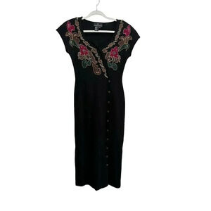Carole Little Black Wool Blend Embroidered Bodycon Dress Size S